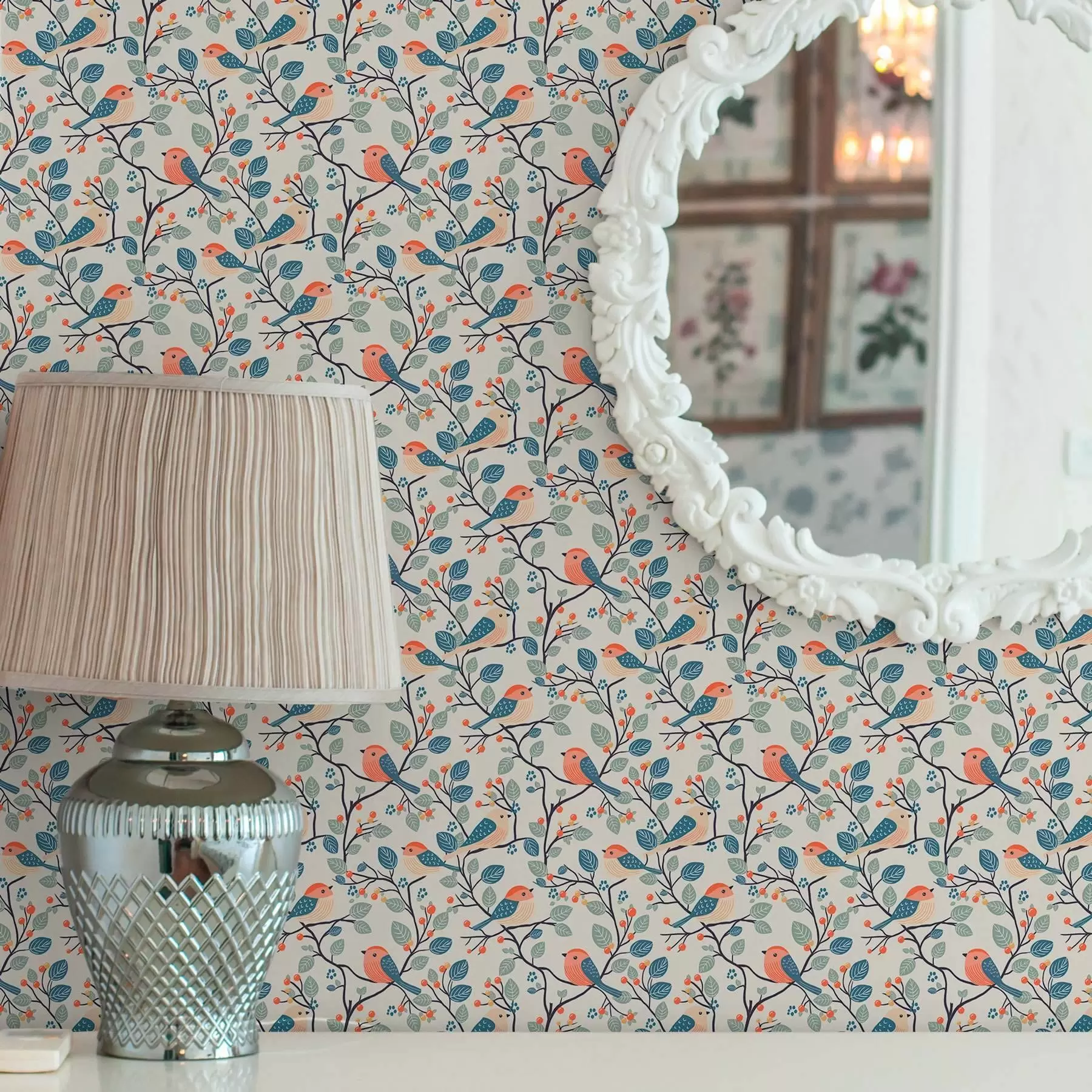 Fototapete Vögel auf Zweigen und Beeren in warmen Farben a00128v1