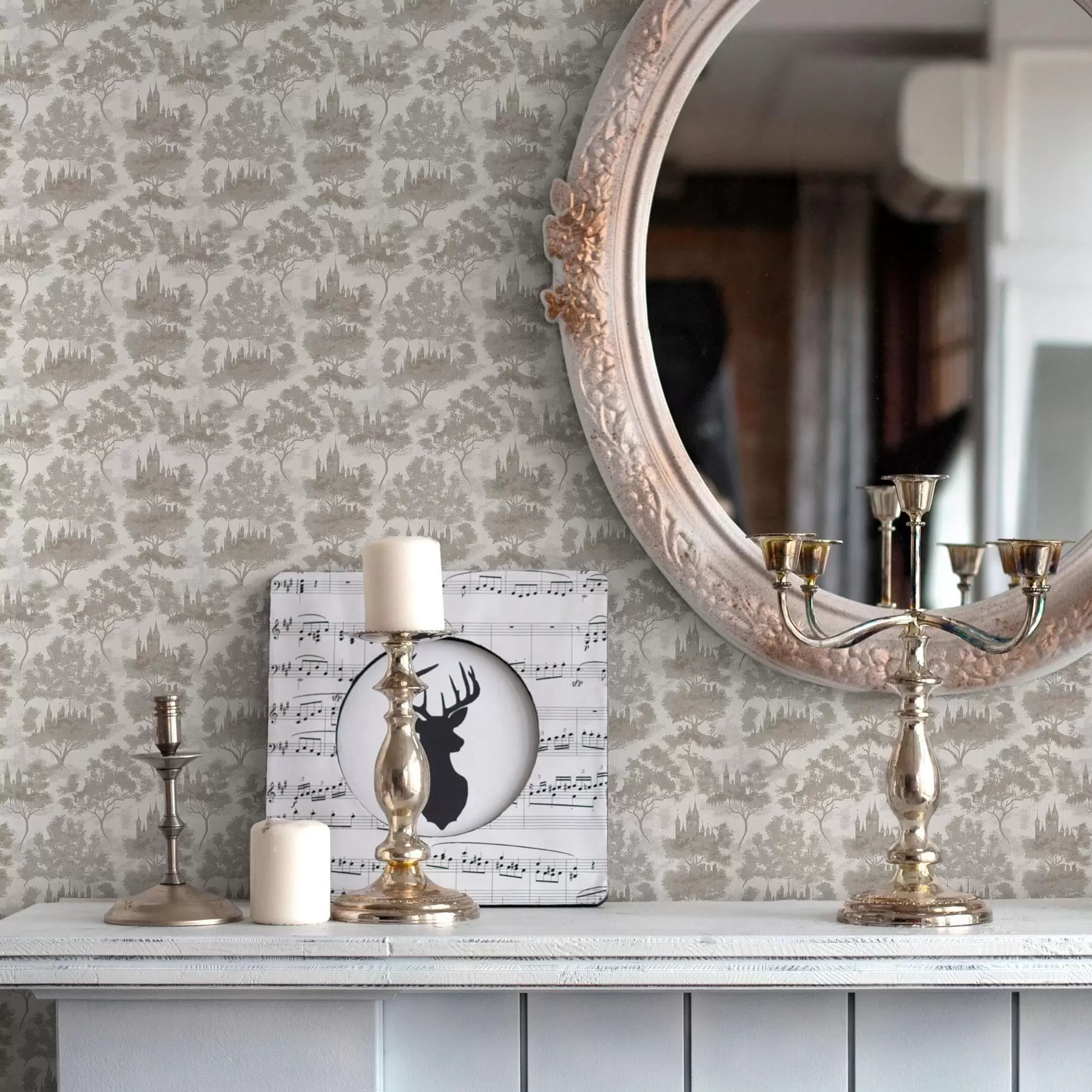 Fototapete Schloss im Wald in grauem und beigem Stil a00130