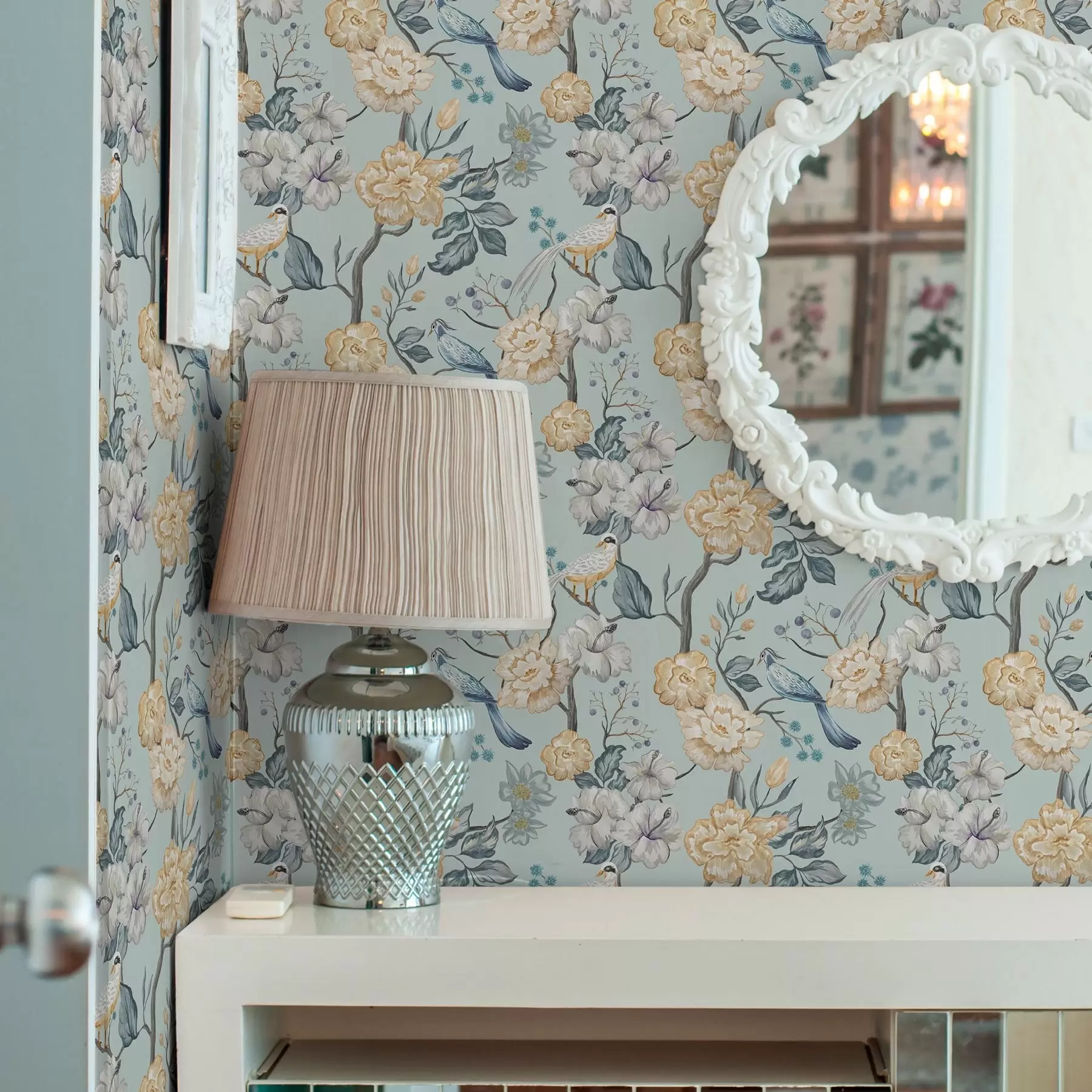 Fototapete Blumen und Vögel auf blauem Hintergrund a00134