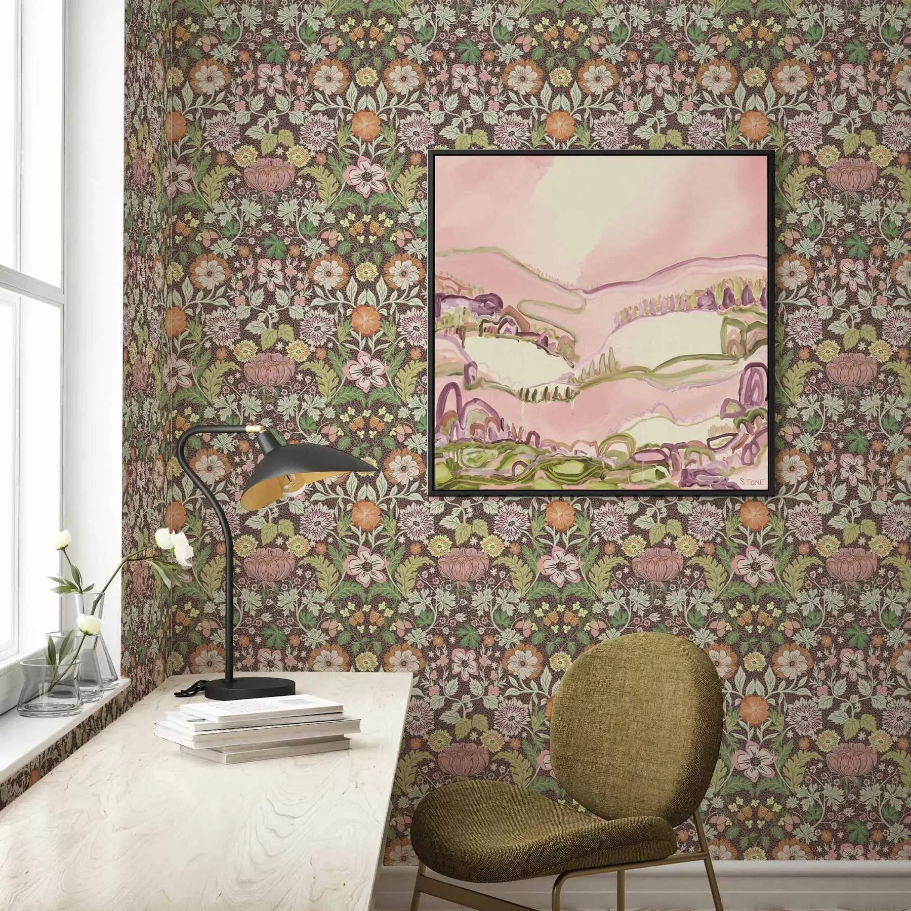 Fototapete Buntes Muster mit Grünzeug und Blumen a00145v3