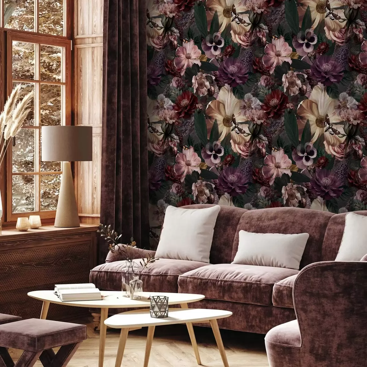 Tapete Kunstblumendruck in dunklen Farben a00147