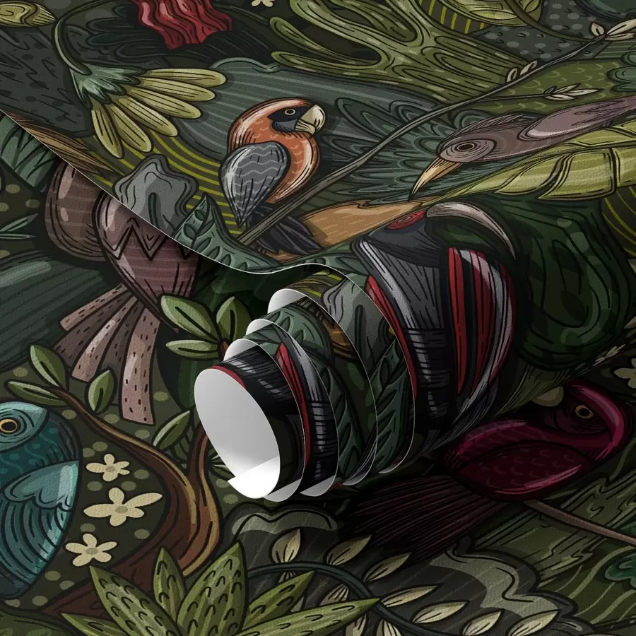 Fototapete Exotische Vögel im Dschungel im Stil einer Gravur a00157