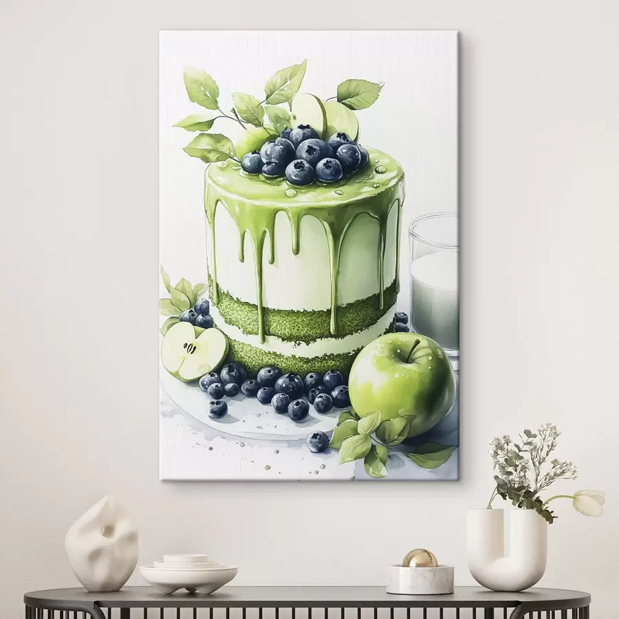 Wandbilder Matcha-Kuchen mit Blaubeeren und Äpfeln, Aquarellstil s44304