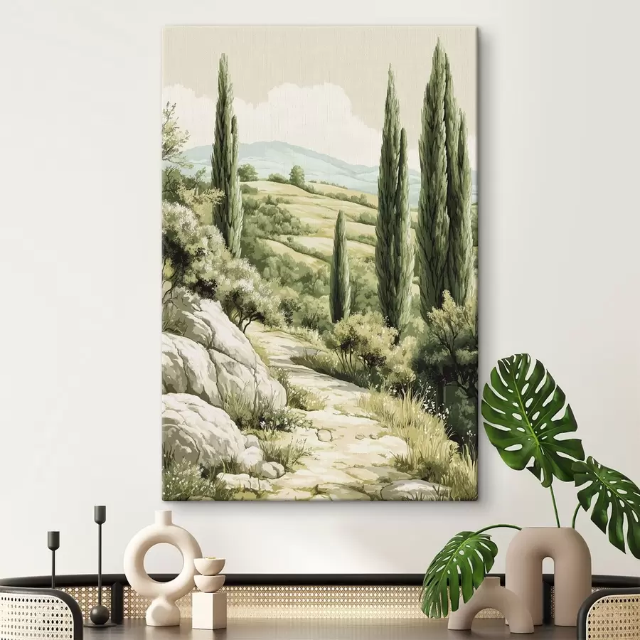 Wandbilder Sommerlandschaften mit Zypressen und grünen Hügeln, rustikaler Stil s44308