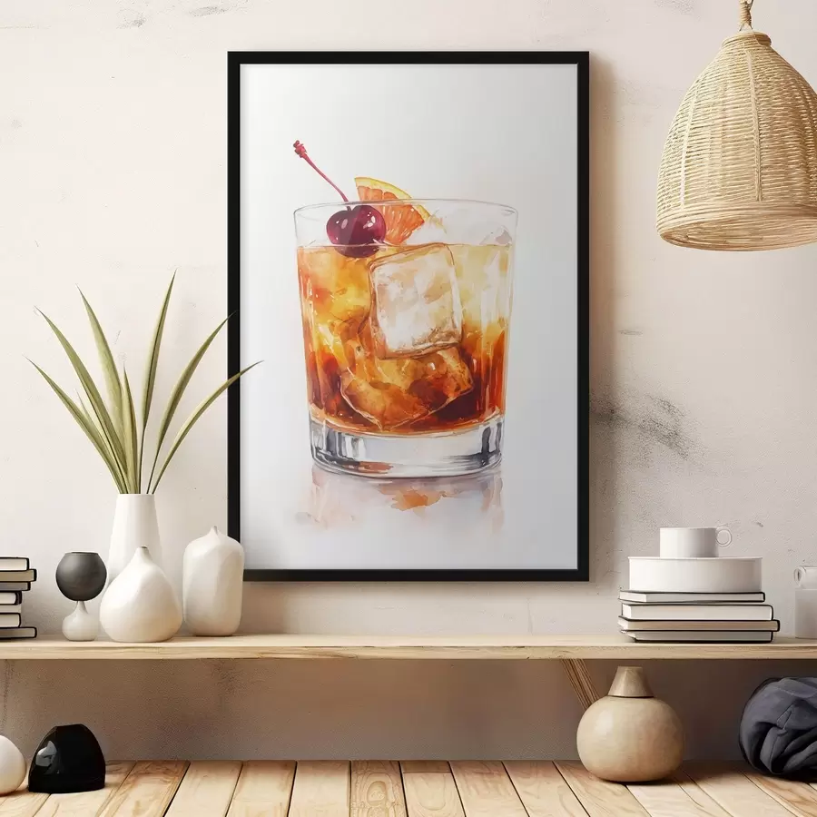 Fototapete Orangencocktail mit Eis und Kirsche, Aquarellstil f44303