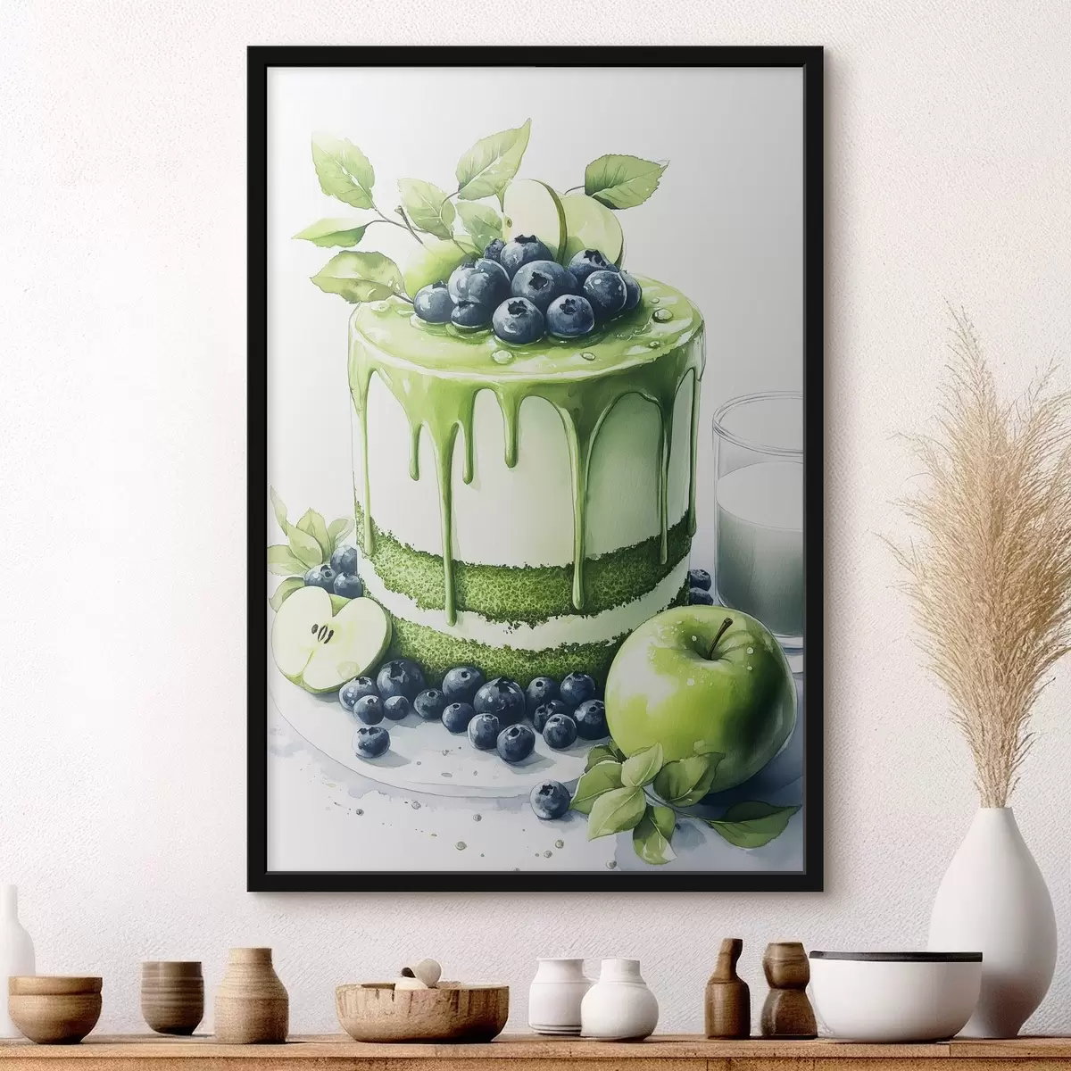 Poster Matcha-Kuchen mit Blaubeeren und Äpfeln, Aquarellstil f44304