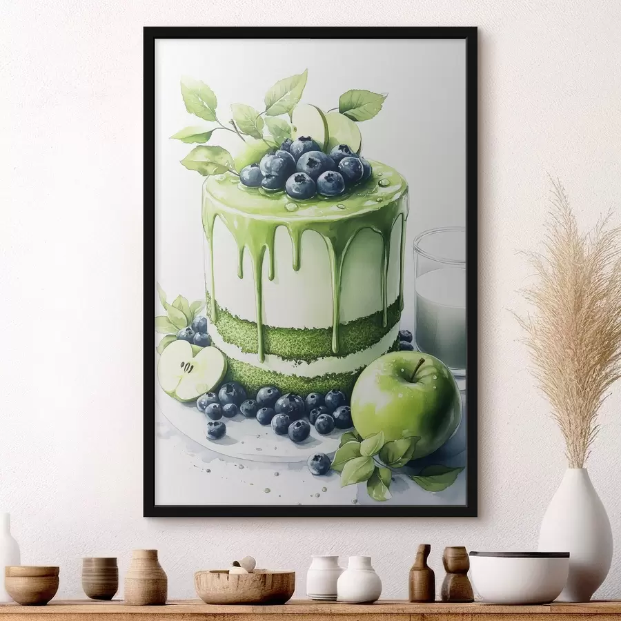 Fototapete Matcha-Kuchen mit Blaubeeren und Äpfeln, Aquarellstil f44304