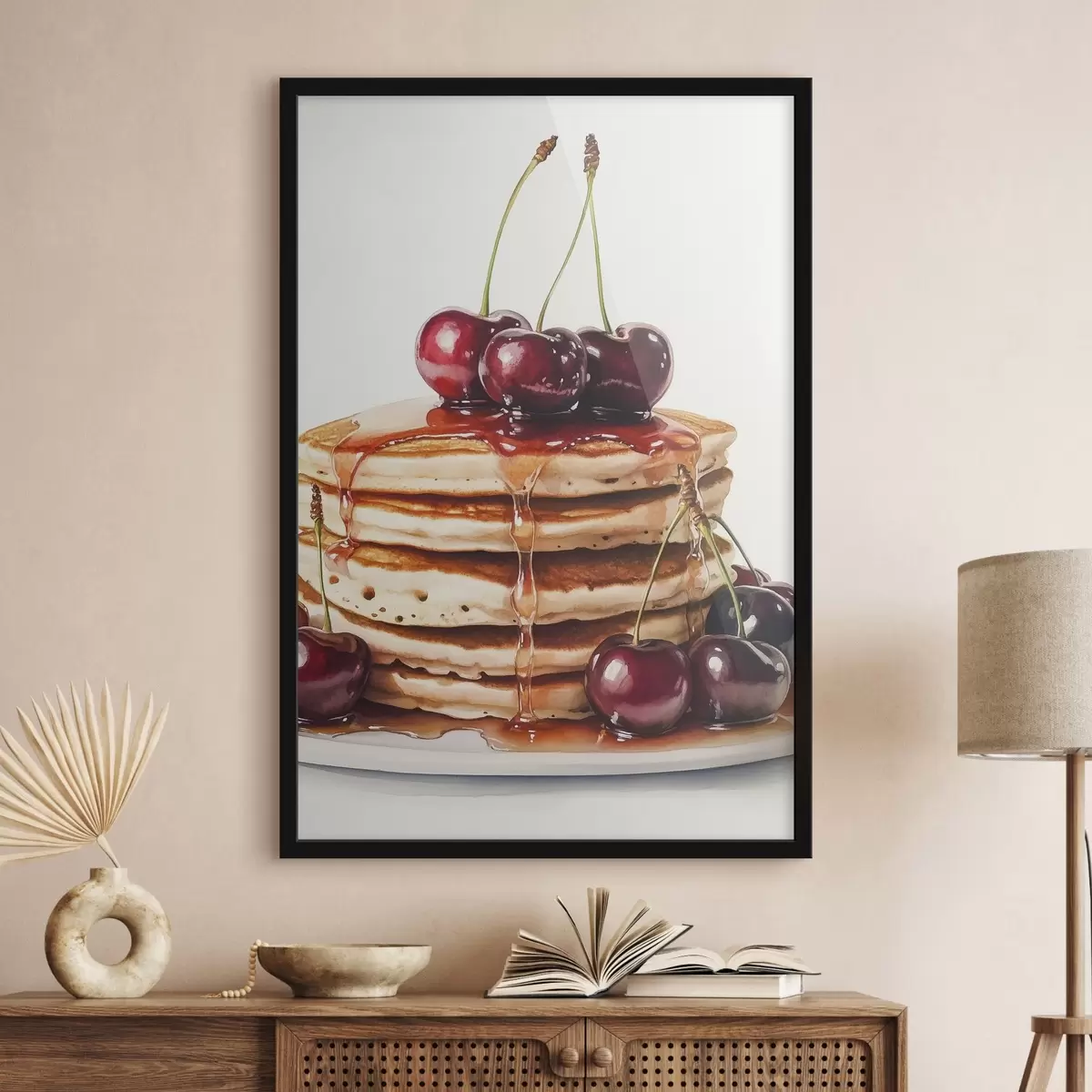 Poster Leckere Pfannkuchen mit Kirschen und Sirup, Aquarellstil f44305