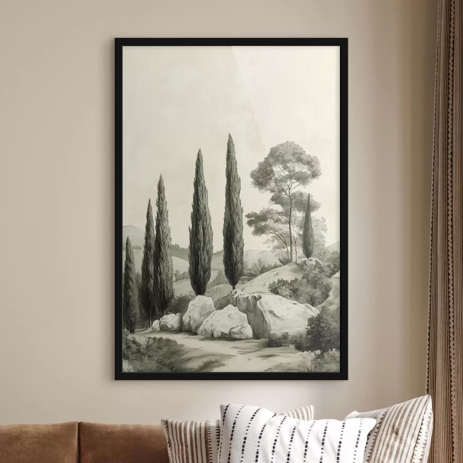 Wandbilder Landschaften der Toskana, Pastellfarben, Zypressen, Felsen, rustikaler Stil f44307