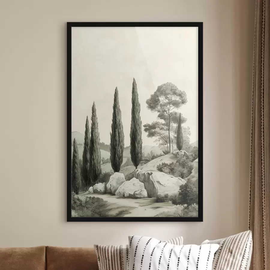 Fototapete Landschaften der Toskana, Pastellfarben, Zypressen, Felsen, rustikaler Stil f44307