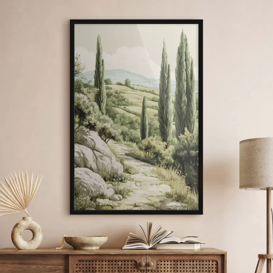 Fototapete Sommerlandschaften mit Zypressen und grünen Hügeln, rustikaler Stil f44308