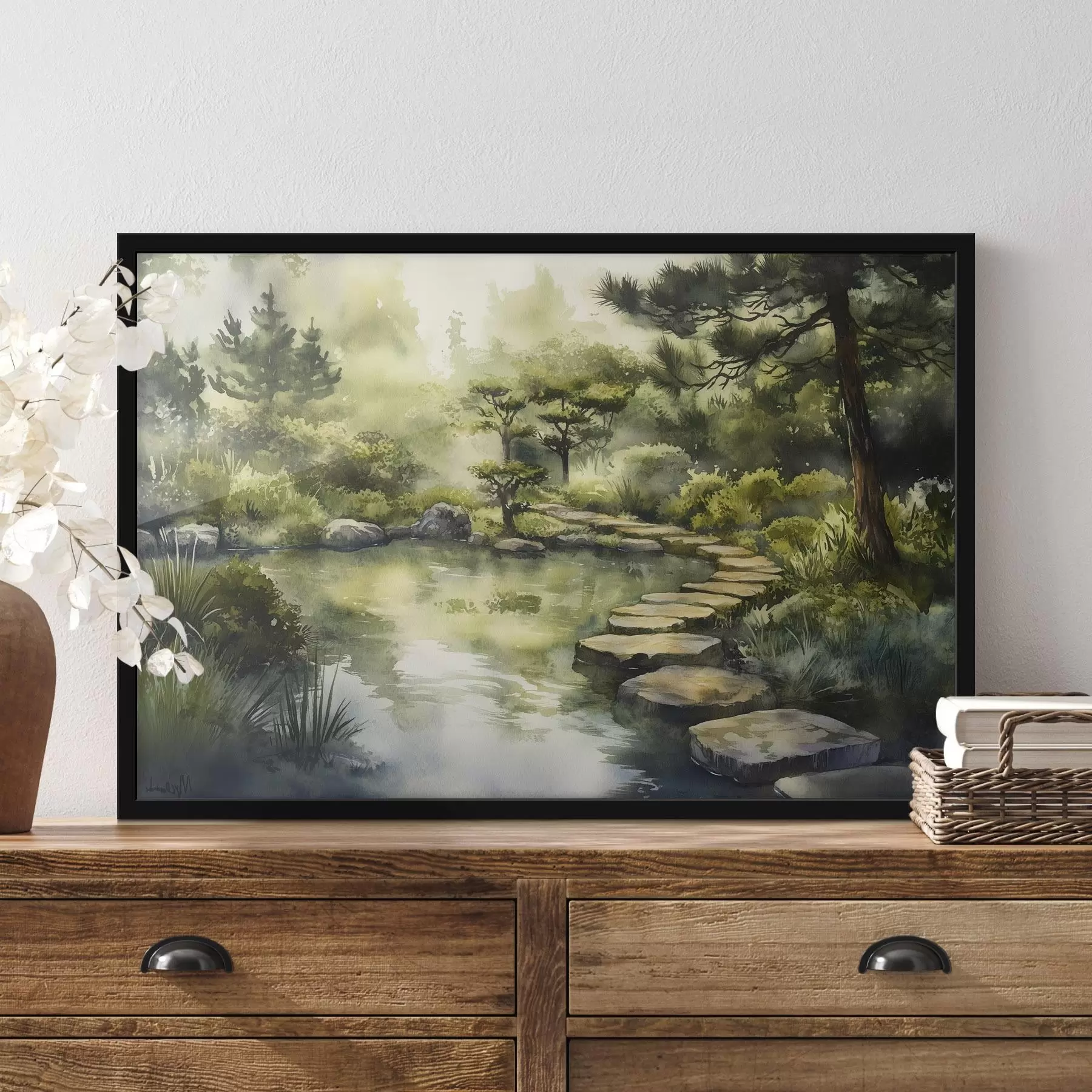 Fototapete Orientalischer Wald mit Felsen, Teich und Kiefern, Grünzeug, Aquarellstil f44311