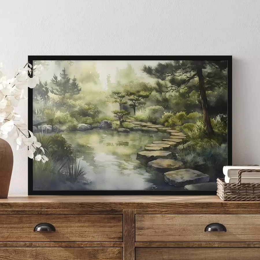 Fototapete Orientalischer Wald mit Felsen, Teich und Kiefern, Grünzeug, Aquarellstil f44311