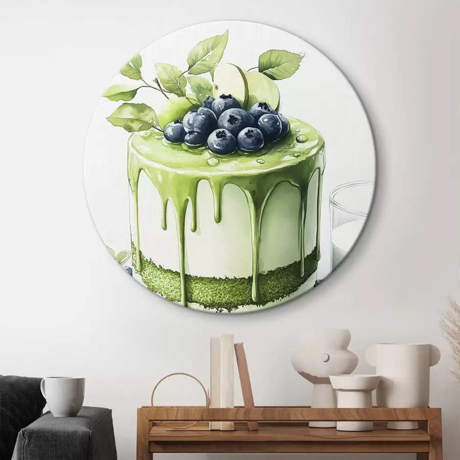 Wandbilder Matcha-Kuchen mit Blaubeeren und Äpfeln, Aquarellstil r44304