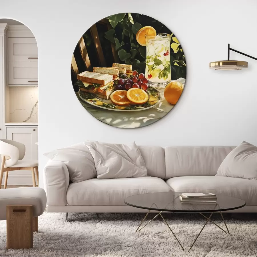 Wandbilder Ästhetisches Picknick im Sommergarten, belegte Brote, Orangen, Limonade r44306