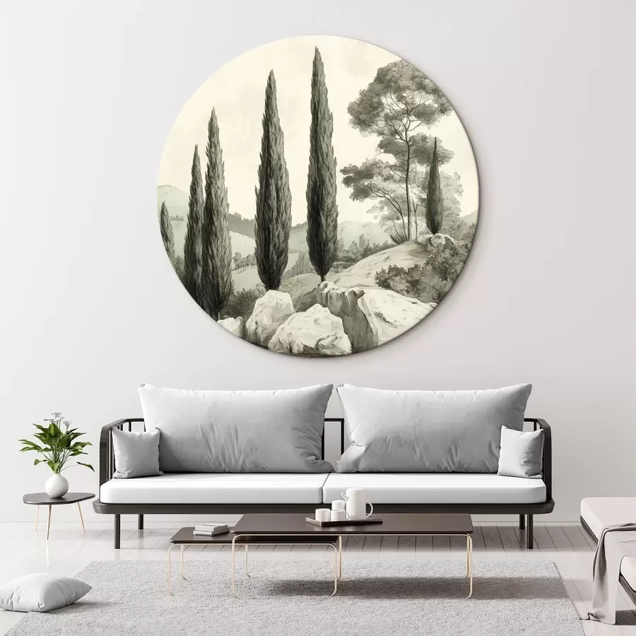 Wandbilder Landschaften der Toskana, Pastellfarben, Zypressen, Felsen, rustikaler Stil r44307