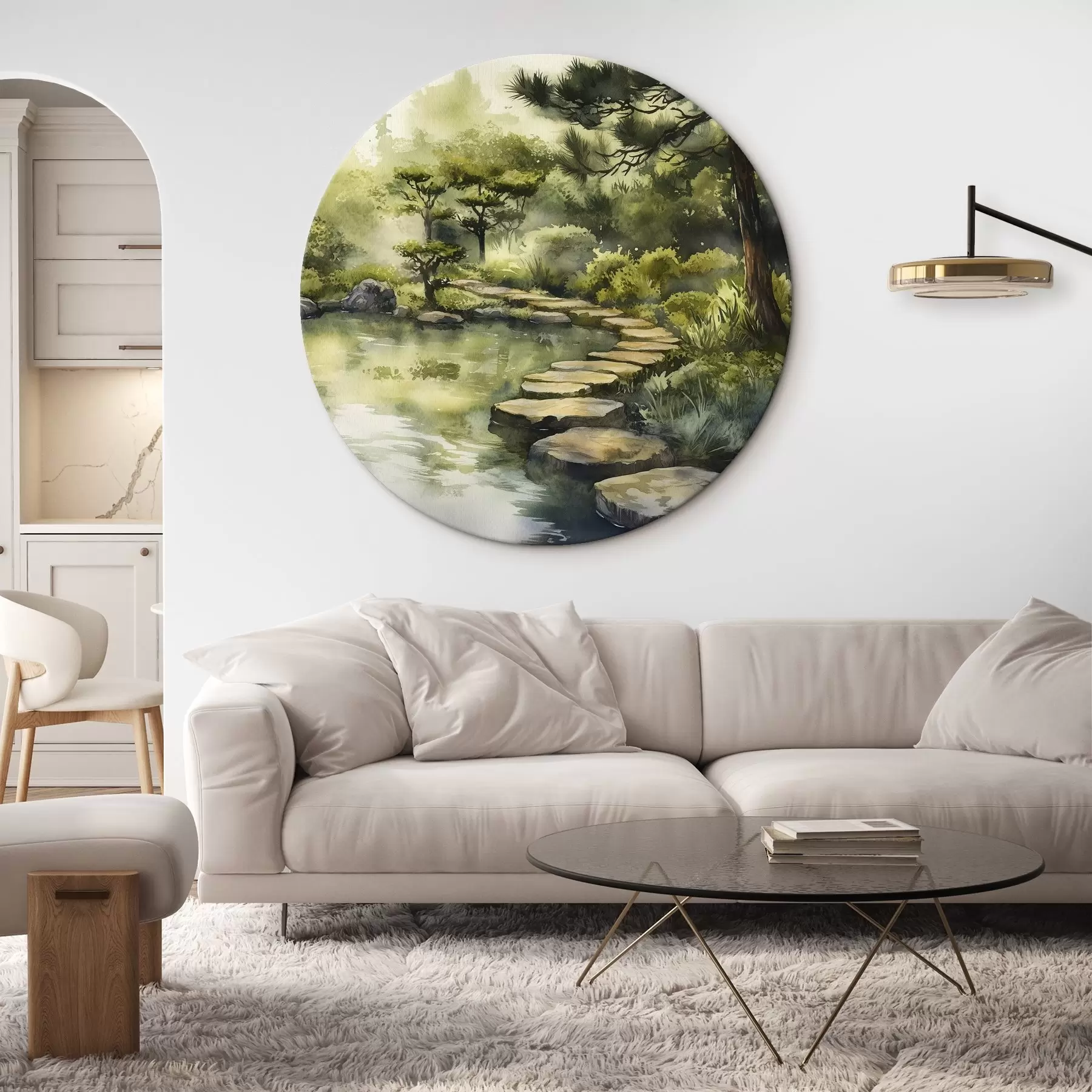 Wandbilder Orientalischer Wald mit Felsen, Teich und Kiefern, Grünzeug, Aquarellstil r44311