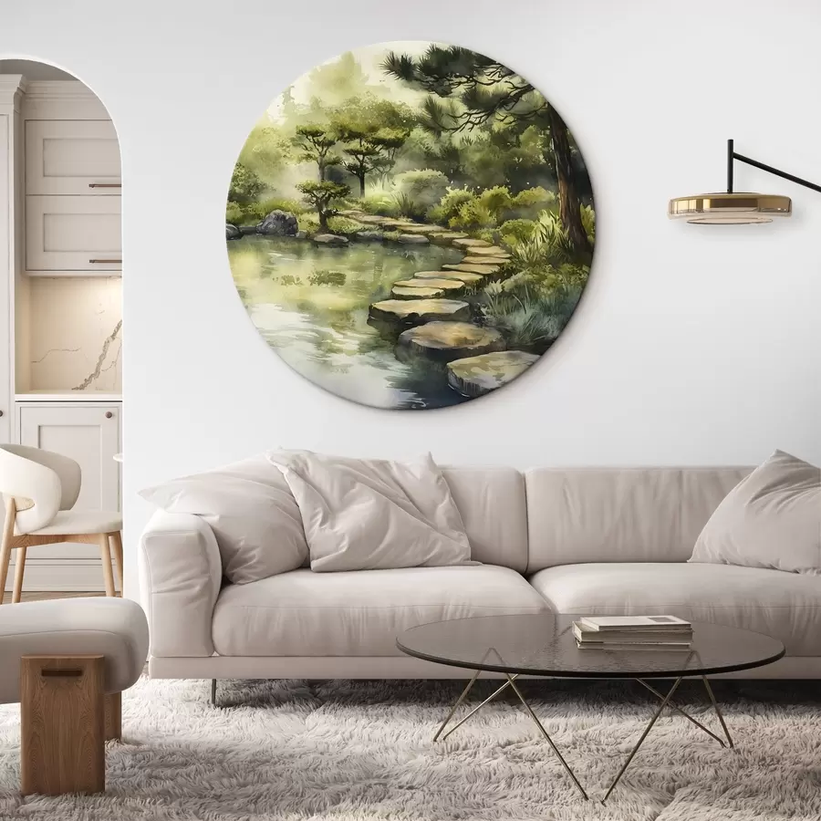 Wandbilder Orientalischer Wald mit Felsen, Teich und Kiefern, Grünzeug, Aquarellstil r44311