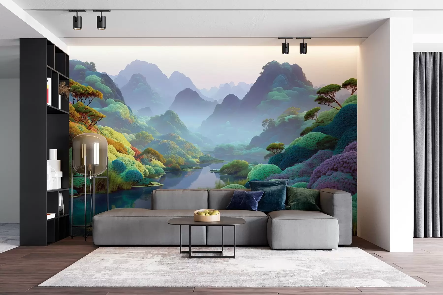 Fototapete Berglandschaft mit einem Fluss in Blautönen mit Bäumen und Sträuchern w09088