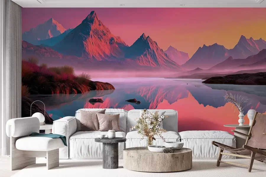 Fototapete Romantischer Sonnenuntergang Landschaft mit einem Fluss und Berge in rosa Schattierungen w09093