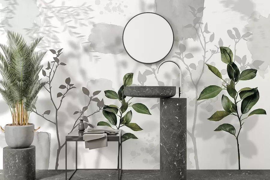 Fototapete Zitronenbaum Blätter, Baum Zweige Schatten, Natur, Aquarell, grün w03910v1