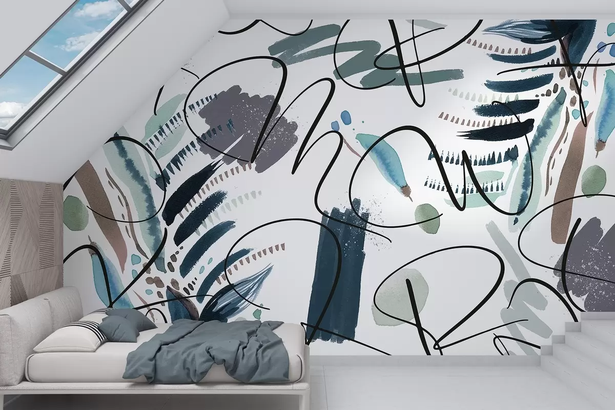 Fototapete Tintenbuchstaben, Kalligraphie, Pinselstriche, blaue Farben, Abstraktion w03912v2