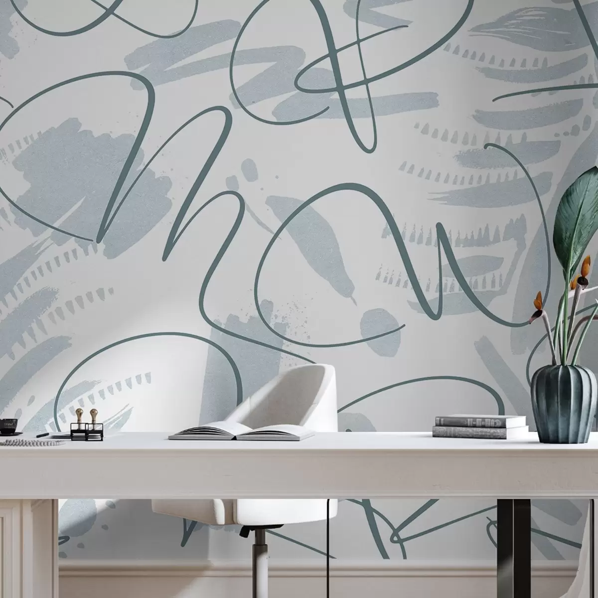 Fototapete Kalligraphische Abstraktion mit Buchstaben, Pinselstrichen, blauer Farbe w03913v1