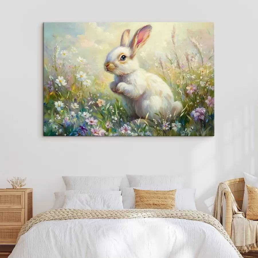 Wandbilder Weißer Hase inmitten von Blumen s44326