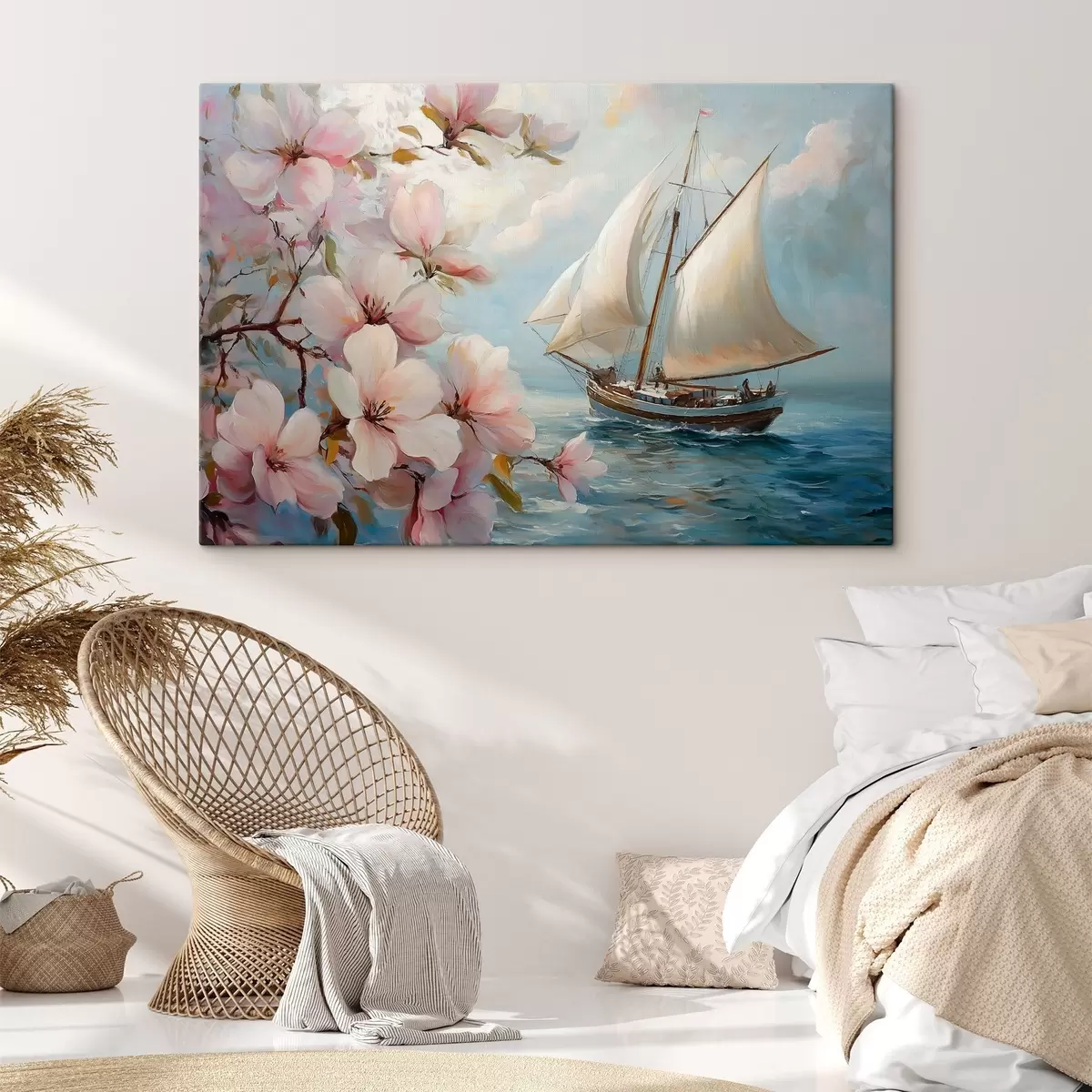 Wandbilder Boot auf dem Meer und große Blumen s44330