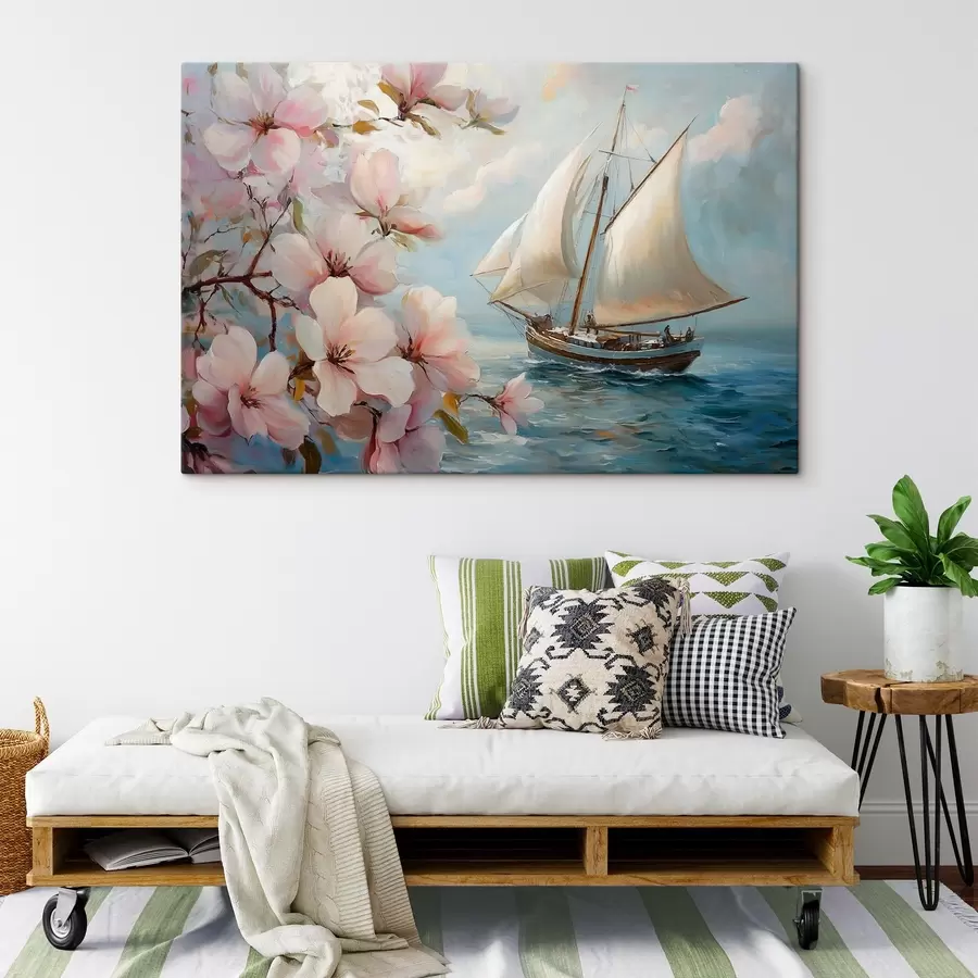 Wandbilder Boot auf dem Meer und große Blumen s44330