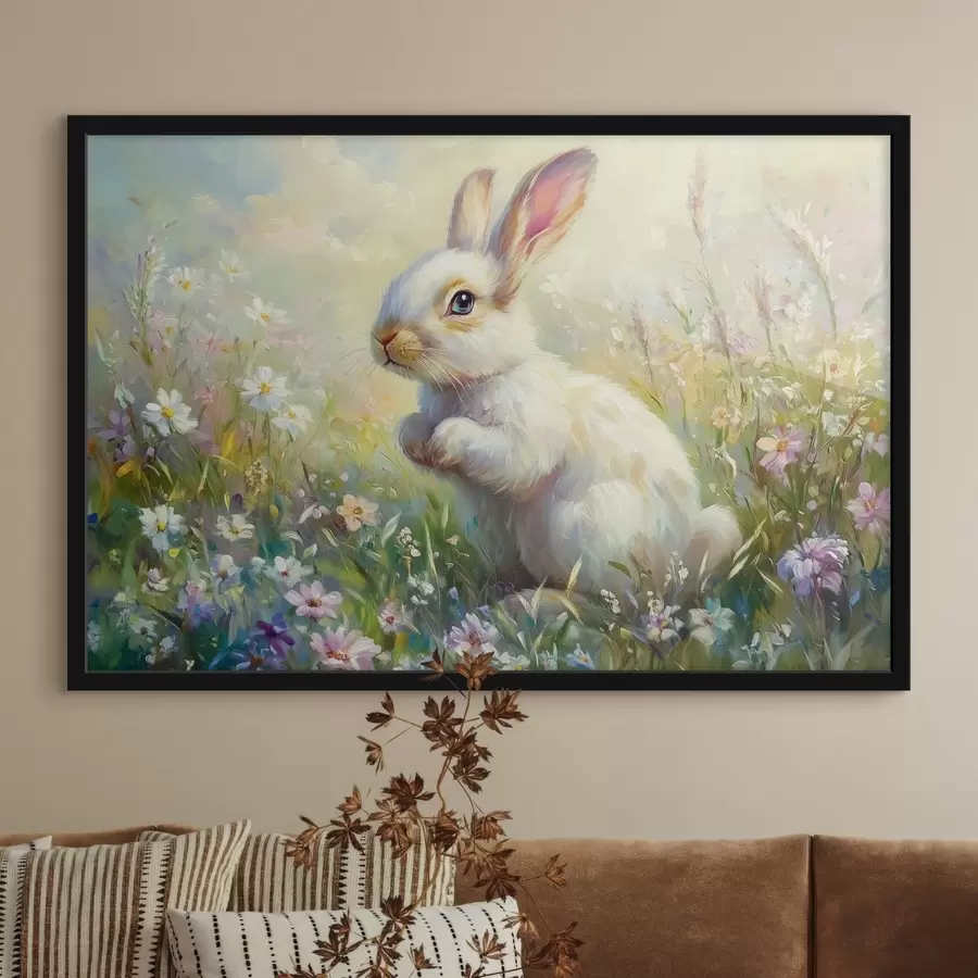Fototapete Weißer Hase inmitten von Blumen f44326