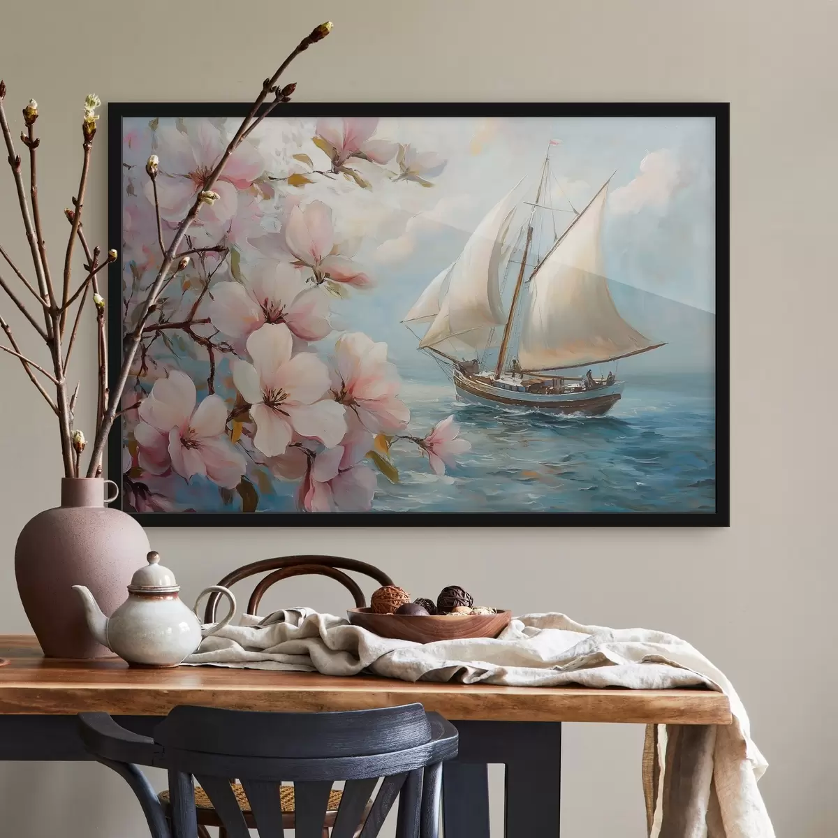 Poster Boot auf dem Meer und große Blumen f44330