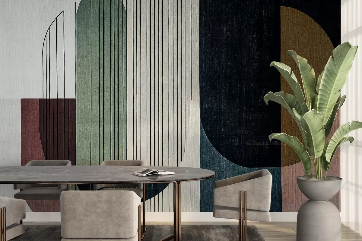 Fototapete moderne abstrakte geometrische Komposition mit sich überschneidenden Formen und vertikalen Linienmustern, dünne Linien, die Trapeze und Ovale ausfüllen, weiche Texturüberlagerung, warme gedämpfte Töne wie Olivgrün, Taupe, Beige und Anthrazit, subtile Transparenzeffekte zwischen den Formen w03937