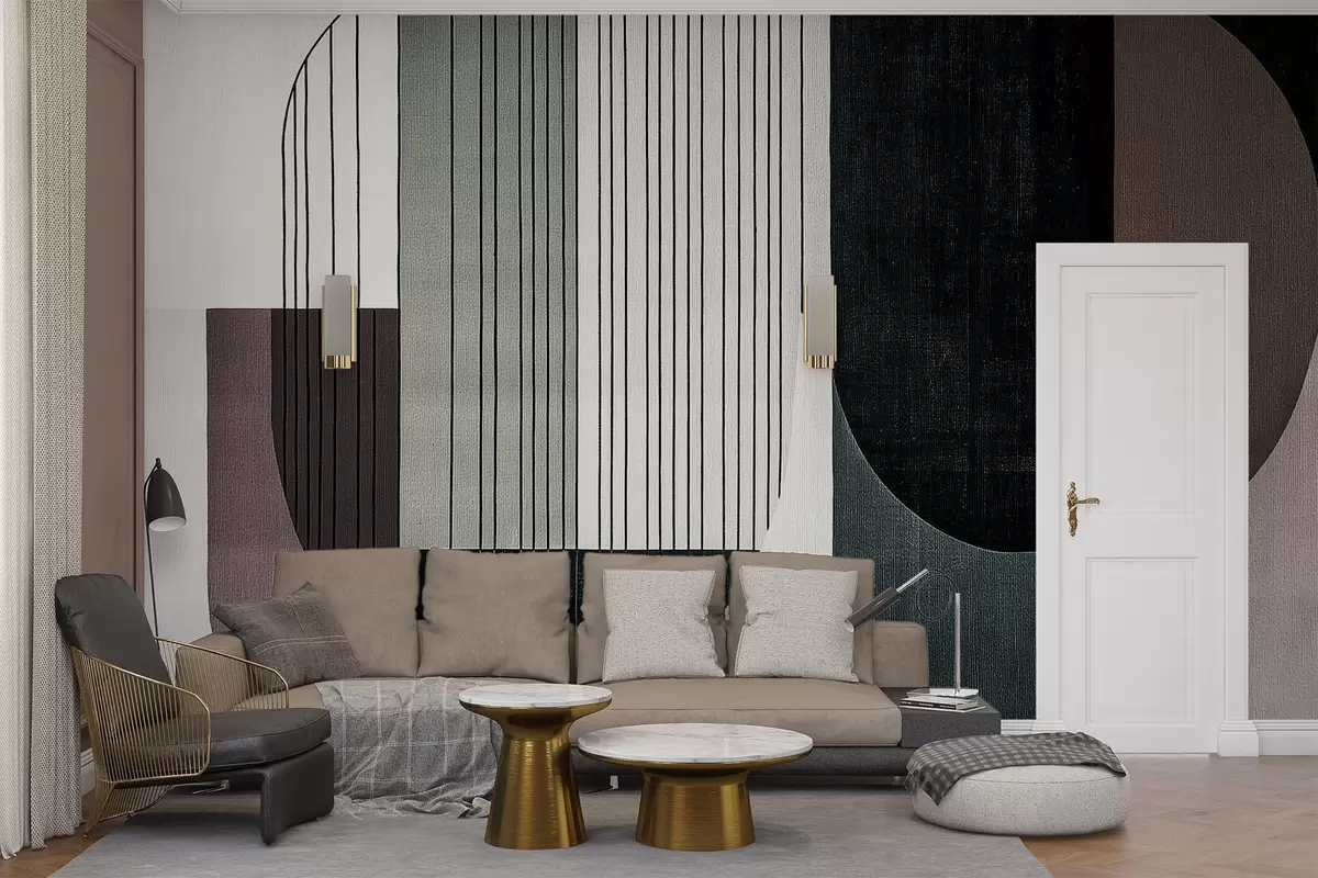 Fototapete moderne abstrakte geometrische Komposition mit sich überschneidenden Formen und vertikalen Linienmustern, dünne Linien, die Trapeze und Ovale ausfüllen, weiche Texturüberlagerung, warme gedämpfte Töne wie Olivgrün, Taupe, Beige und Anthrazit, subtile Transparenzeffekte zwischen den Formen w03937v1