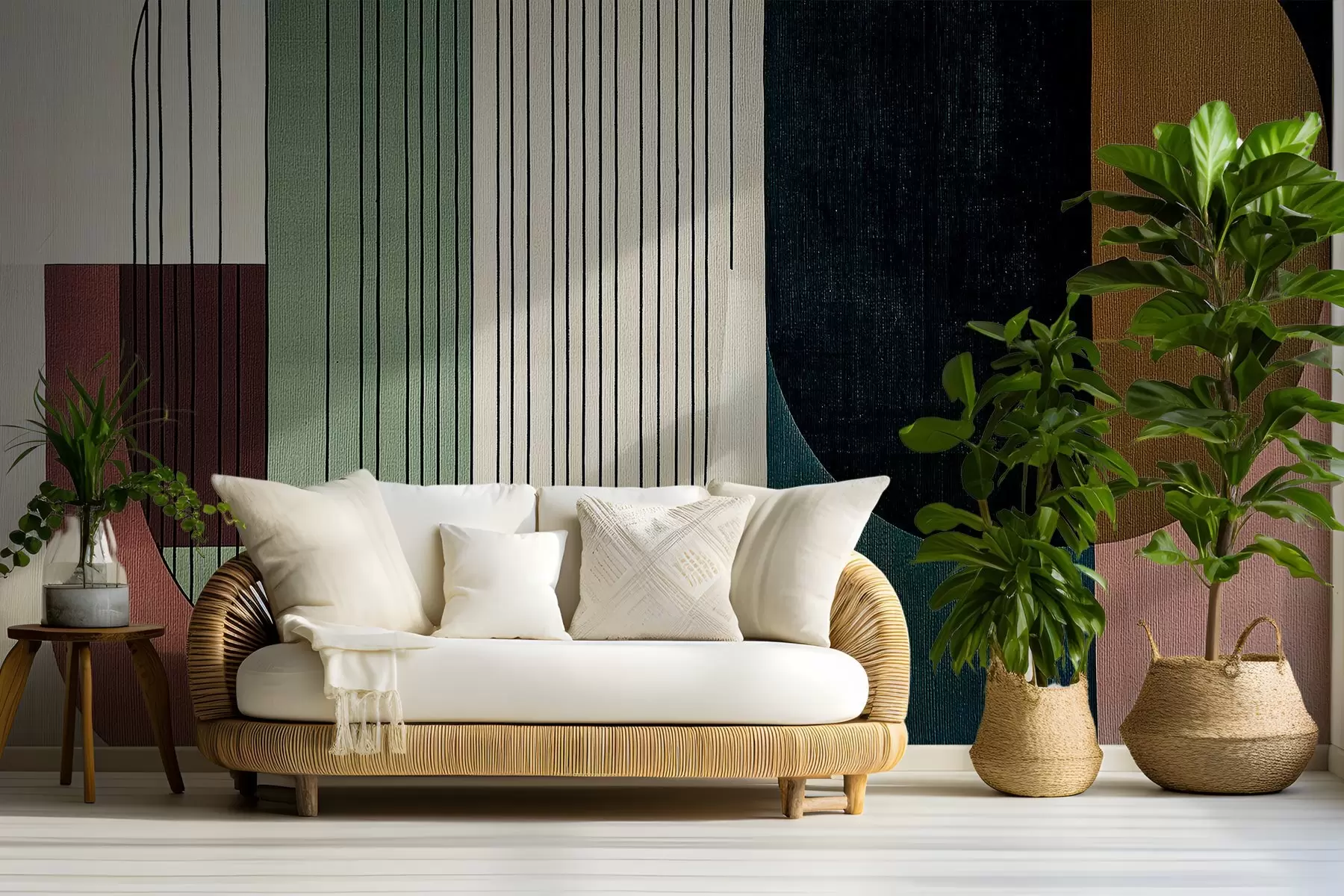 Fototapete moderne abstrakte geometrische Komposition mit sich überschneidenden Formen und vertikalen Linienmustern, dünne Linien, die Trapeze und Ovale ausfüllen, weiche Texturüberlagerung, warme gedämpfte Töne wie Olivgrün, Taupe, Beige und Anthrazit, subtile Transparenzeffekte zwischen den Formen w03937v3