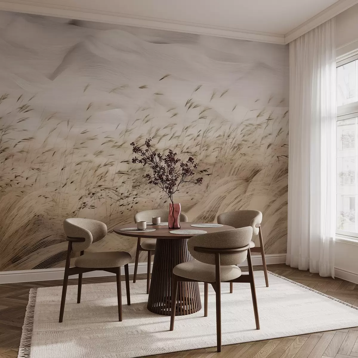 Fototapete abstrakte windverwehte Grasfelder in Beige- und Steintönen, Tuscheskizzenlinien mit strukturiertem Papierhintergrund, nordische Landruhe w03941