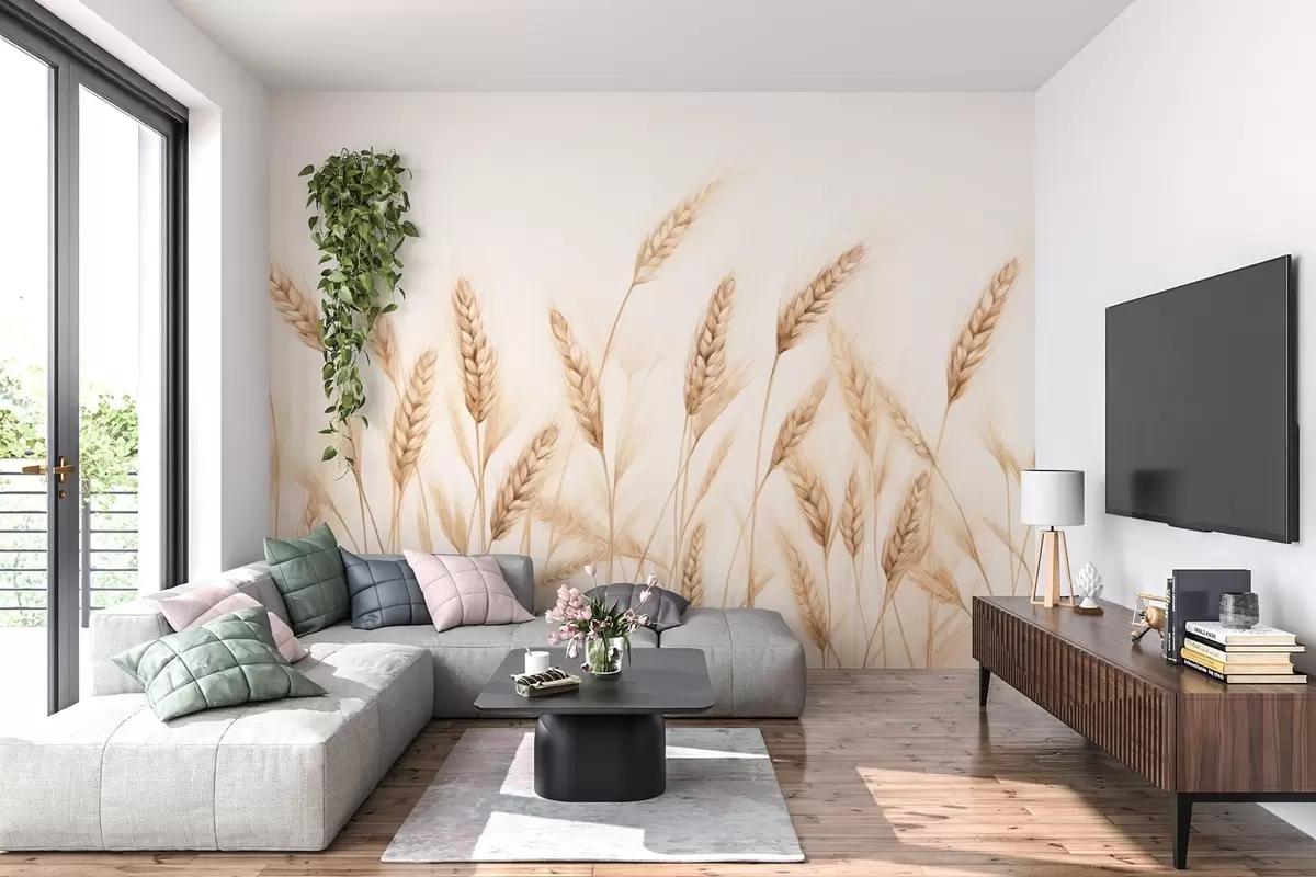 Fototapete zarte botanische Illustration von Weizenhalmen, handgezeichneter Stil, feine Linien mit Pastellkreidetextur, weiche Sepia- und erdige Brauntöne, weißer Hintergrund, symmetrische elegante Komposition, natürliche Skizzenästhetik w03943