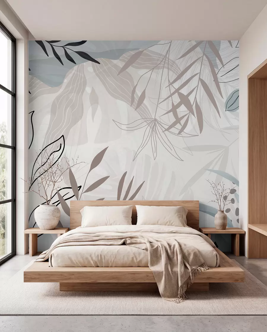 Fototapete Abstraktes florales modernes Design mit pastellfarbenen beigen, grauen, blauen und schwarzen Blättern, zarter Linienführung und weichem Hintergrund w09105