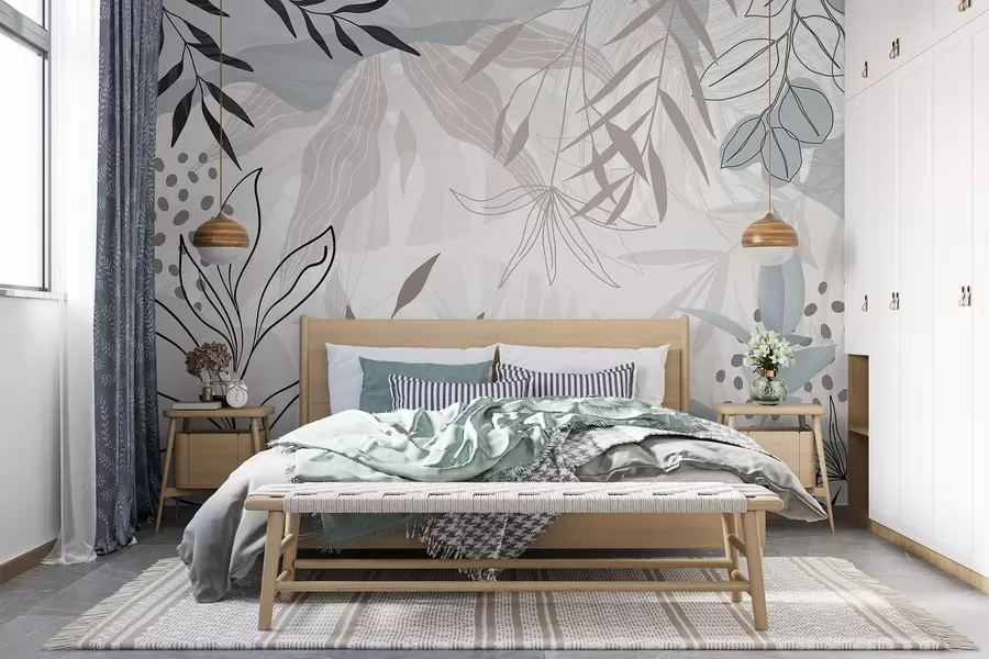 Fototapete Abstraktes florales modernes Design mit pastellfarbenen beigen, grauen, blauen und schwarzen Blättern, zarter Linienführung und weichem Hintergrund w09105
