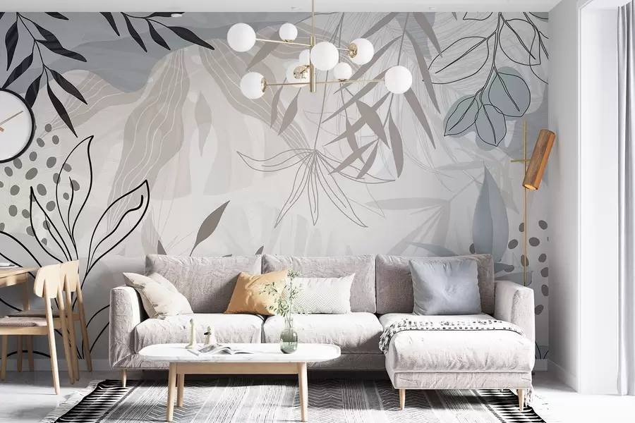 Fototapete Abstraktes florales modernes Design mit pastellfarbenen beigen, grauen, blauen und schwarzen Blättern, zarter Linienführung und weichem Hintergrund w09105