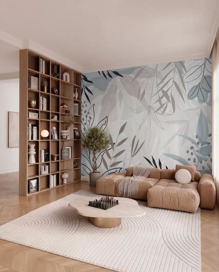 Fototapete Abstraktes florales modernes Design mit pastellfarbenen beigen, grauen, blauen und schwarzen Blättern, zarter Linienführung und weichem Hintergrund w09105