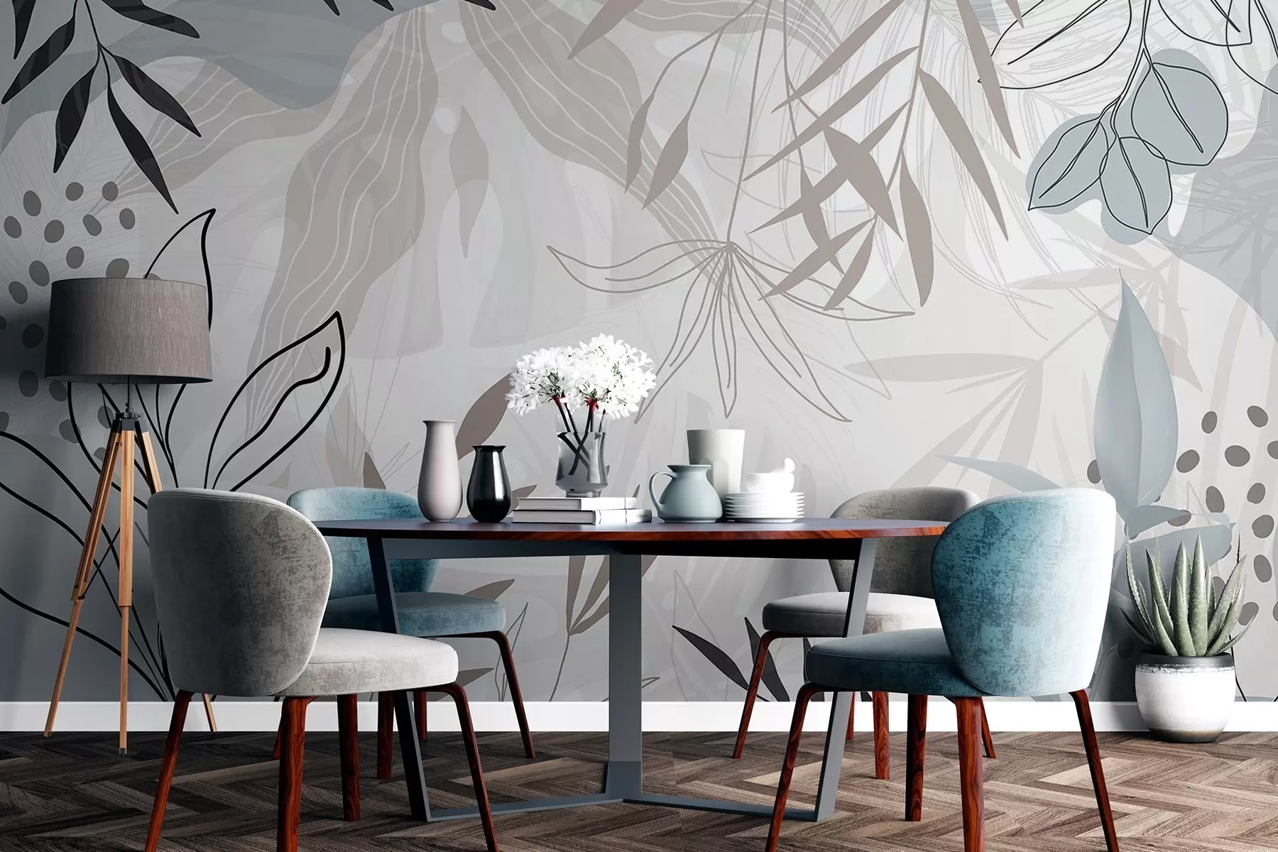 Fototapete Abstraktes florales modernes Design mit pastellfarbenen beigen, grauen, blauen und schwarzen Blättern, zarter Linienführung und weichem Hintergrund w09105