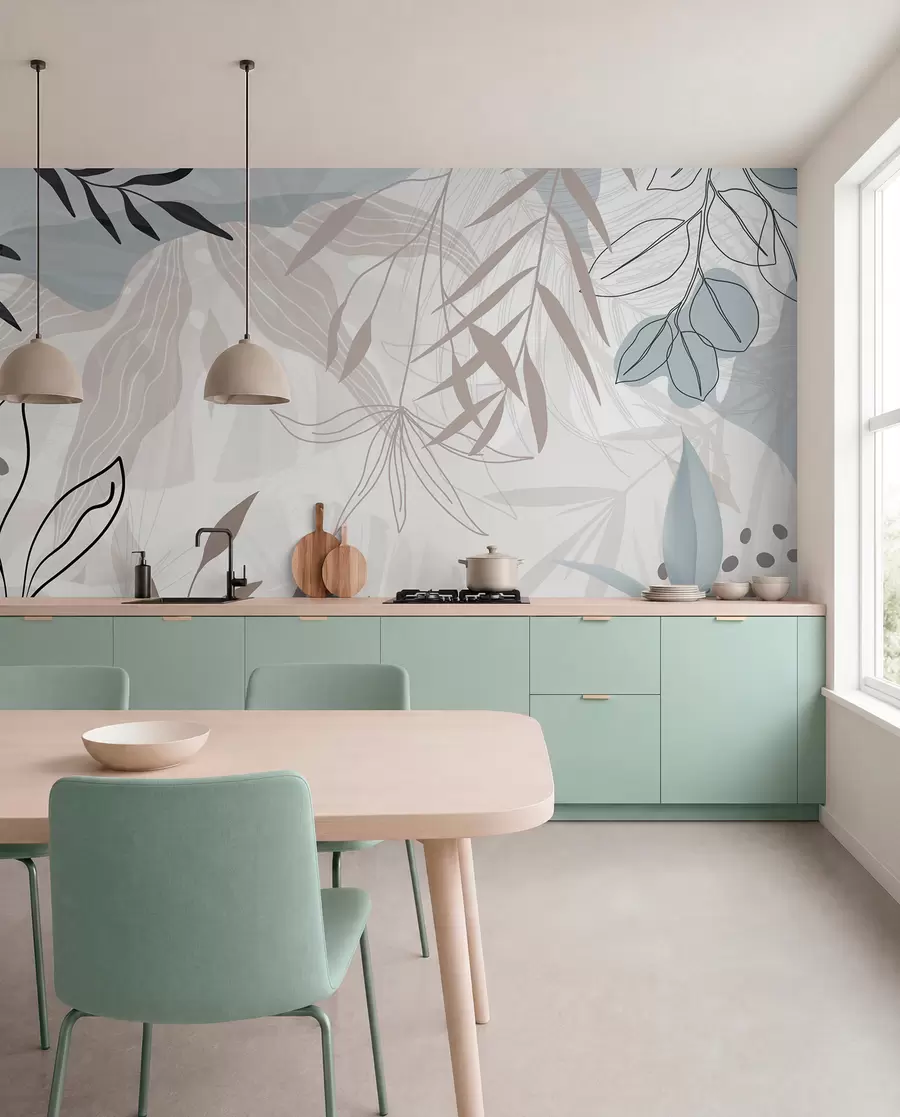 Fototapete Abstraktes florales modernes Design mit pastellfarbenen beigen, grauen, blauen und schwarzen Blättern, zarter Linienführung und weichem Hintergrund w09105