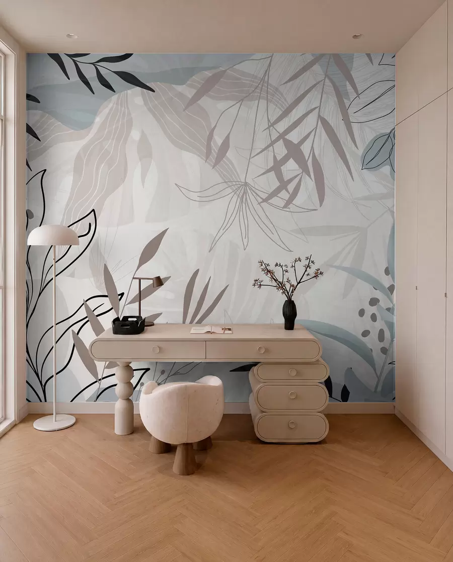 Fototapete Abstraktes florales modernes Design mit pastellfarbenen beigen, grauen, blauen und schwarzen Blättern, zarter Linienführung und weichem Hintergrund w09105