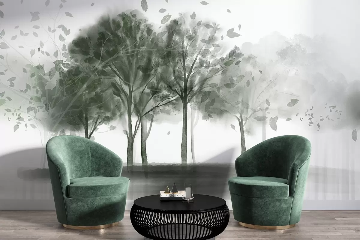 Fototapete Abstrakte Landschaft mit Bäumen mit grünen Blättern, die sich im Wasser spiegeln, in Aquarell strukturierten Stil w09109