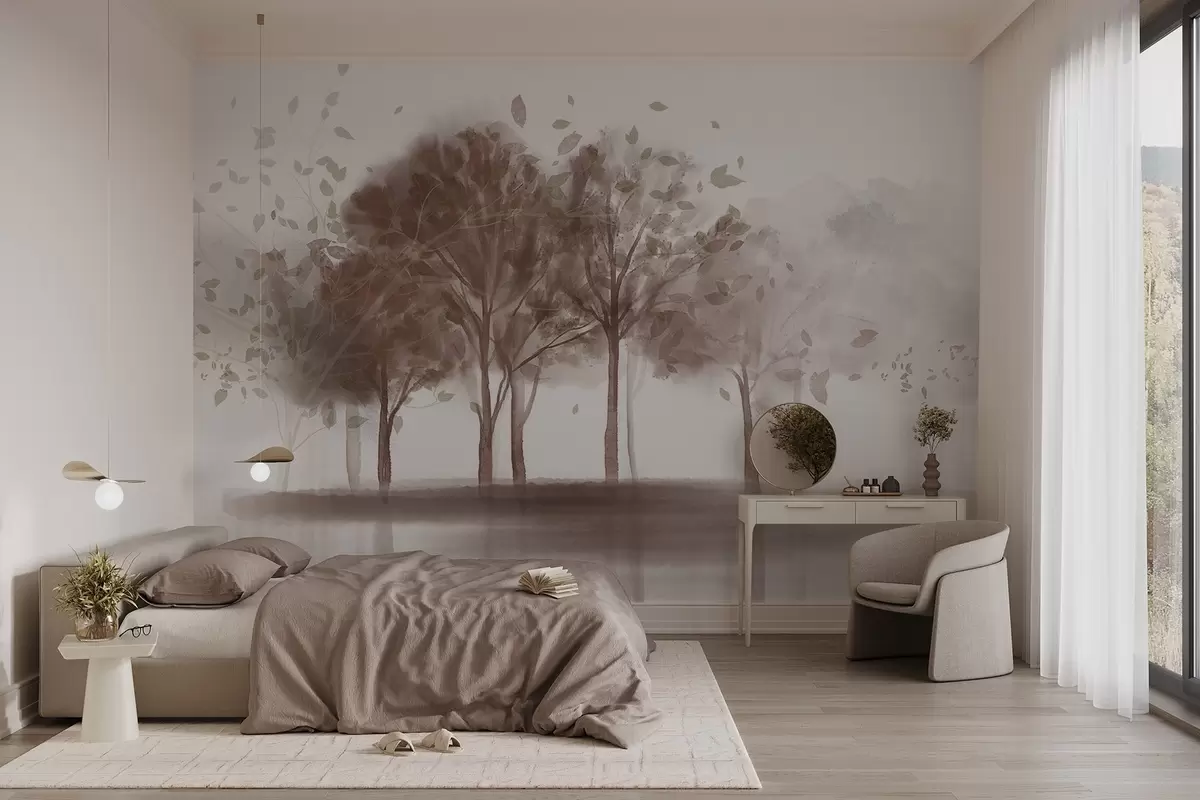 Fototapete Abstrakte Landschaft mit Bäumen mit braunen Blättern, die sich im Wasser spiegeln, in Aquarell strukturiertem Stil w09109v1