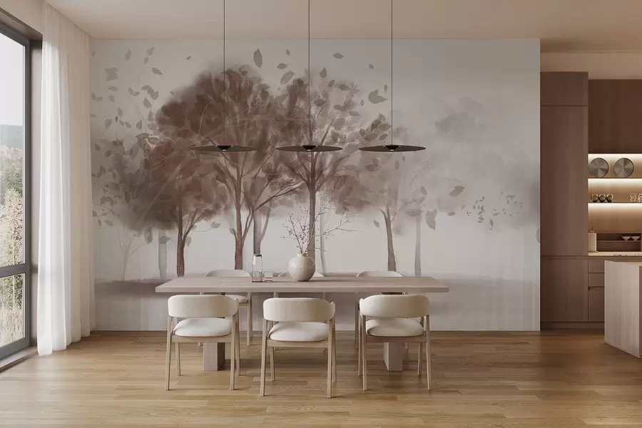 Fototapete Abstrakte Landschaft mit Bäumen mit braunen Blättern, die sich im Wasser spiegeln, in Aquarell strukturiertem Stil w09109v1