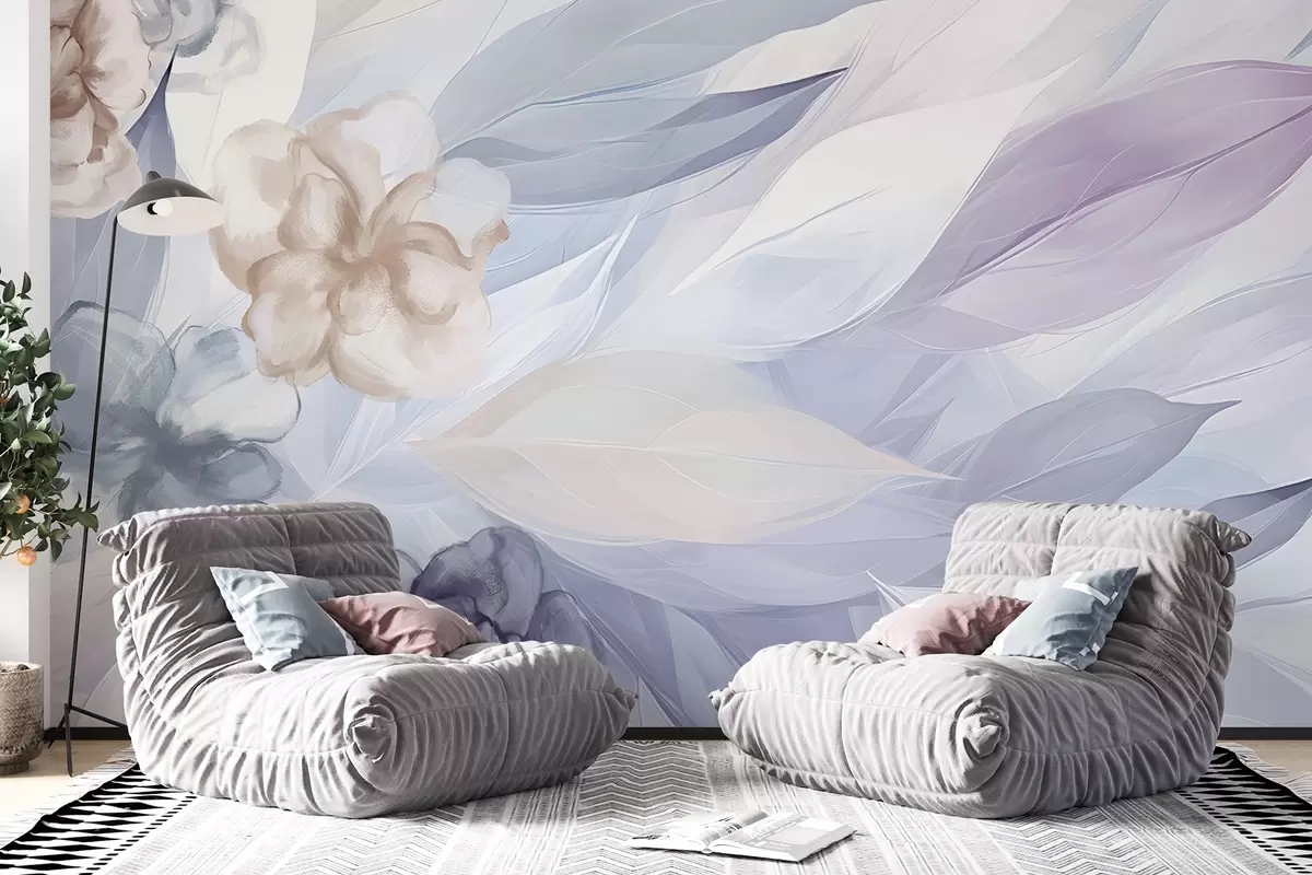 Fototapete Zarte Blumen und Blätter in Schattierungen von weiß, blau, lila und beige floralen Hintergrund, weiche Farben, zarte Blütenblätter w09111
