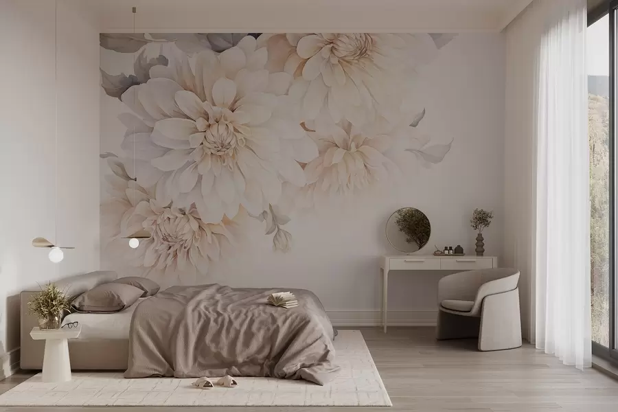 Fototapete Pastellfarbene Dahlien mit weichen, zarten pfirsichfarbenen und weißen hellen Blütenblättern im Aquarellstil, weicher Hintergrund w09115