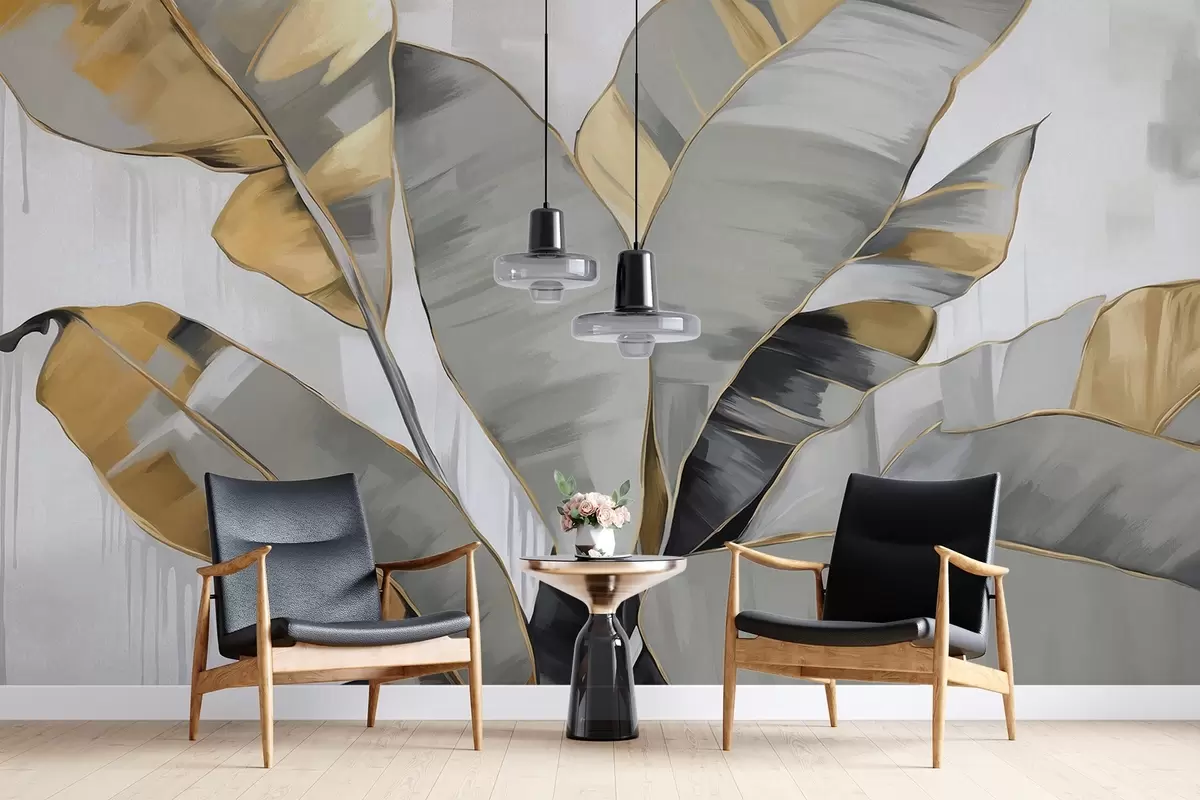 Fototapete Banane tropische strukturierte Blätter mit grauen und gelben Tönen, modernen Stil, neutralen Hintergrund, dekorative Malerei w09118